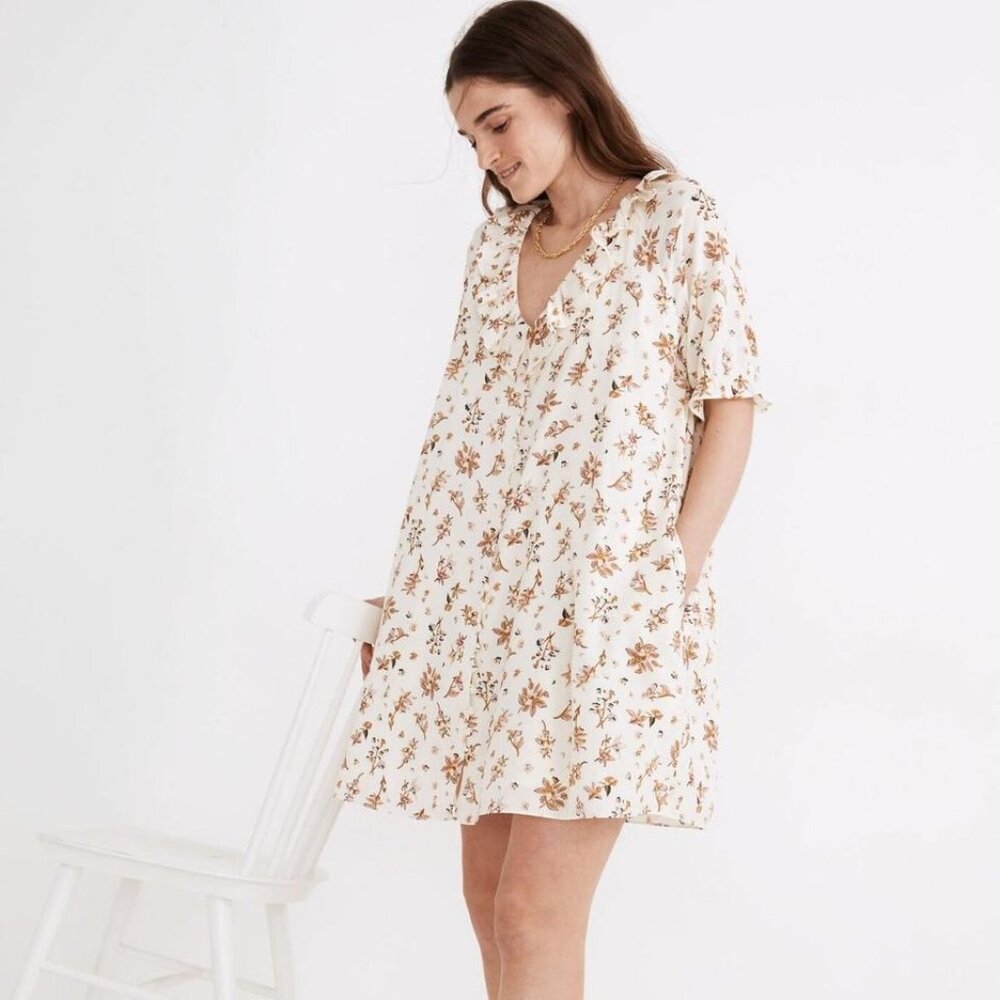 Madewell NWT White Ruffle Button-Front Trapeze Dress in Floral Reef Size XS